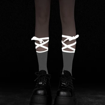 

Fluorescent Straps Women Socks Trendy Night Club Reflective Cross Middle Tube Socks Solid Cotton Luminous Bandage Socks