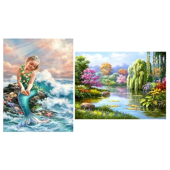 

2 Set Diamond Painting Full Drill 5D Diy Rhinestone Kit Decor 30X40cm Miss Mermaid & Landscape
