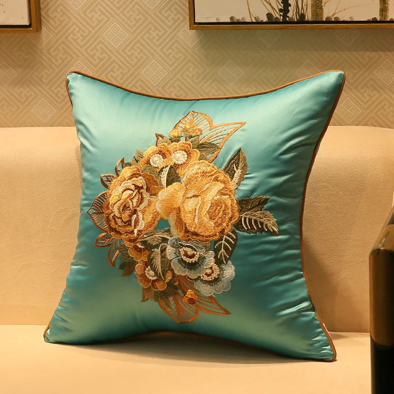 Роскошный чехол для подушки с вышивкой декоративная наволочка современный китайский традиционный цветок Coussin диван Dec 45x45 см - Color: Deep lake blue