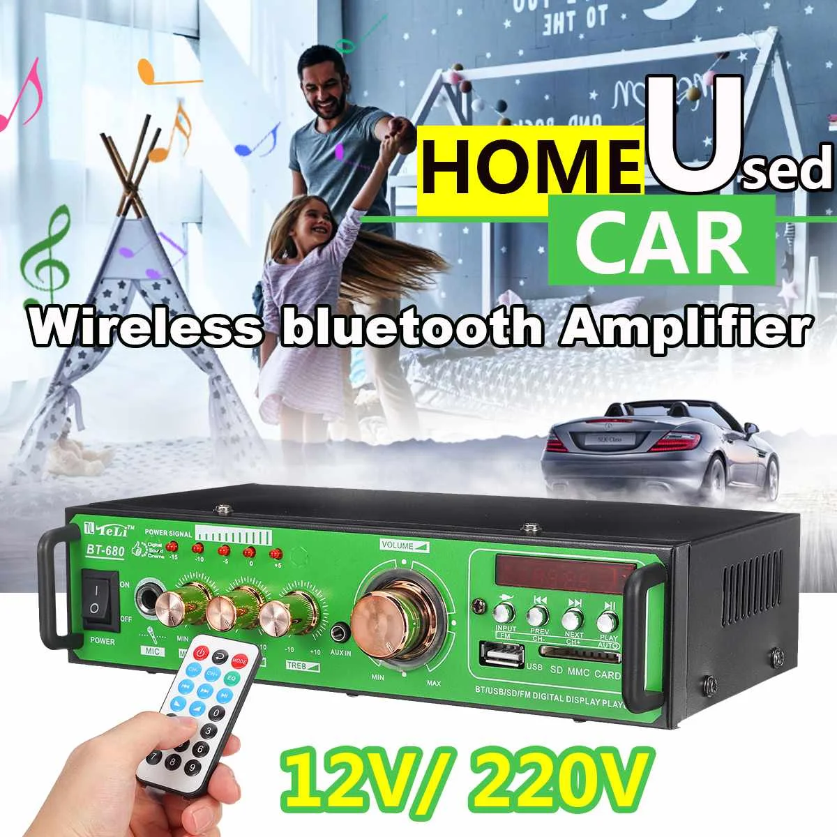 

Audew Car Amplifiers 500W bluetooth Audio Stereo Digital Amplifier USB FM SD Mic Home 220V/12V Full Function Infrared Control