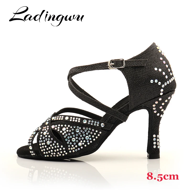 Ladingwu Dance Shoes Latin Women Glitter Satin Bright Salsa Dance Shoes Tango Party Bright Rhinestones Dance Shoes