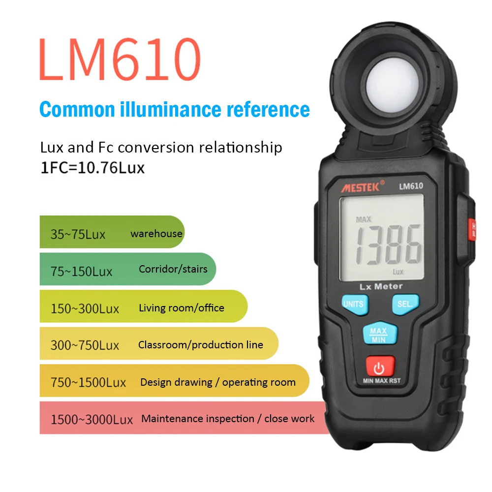 

MESTEK LM610 Illuminometer Light Meter 100,000 LUX Digital Luxmeter Luminance Lux Fc Test Max Min Illuminometers Photometer