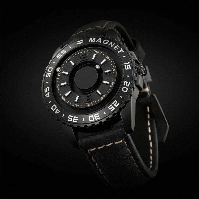 Comprar EUTOUR Original a estrenar tecnología magnética negra sin puntero toque ciego para hombre y mujer correa de cuero de reloj de cuarzo de alta gama