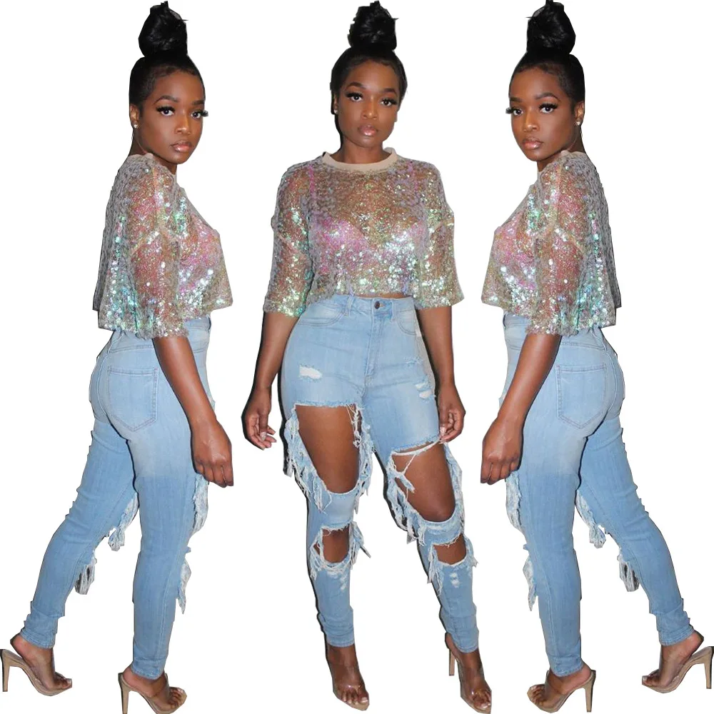 

Fashion Women Sequins T Shirt and Jeans Sets Short Sleeves Top Holes Ripped Straight Light Blue Jeans Two Pieces Girls Outfits