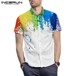 INCERUN Мужская брендовая рубашка, разбрызганные чернила, принт, короткий рукав, пуговица, лацкан, 2019, деловая Повседневная рубашка для мужчин