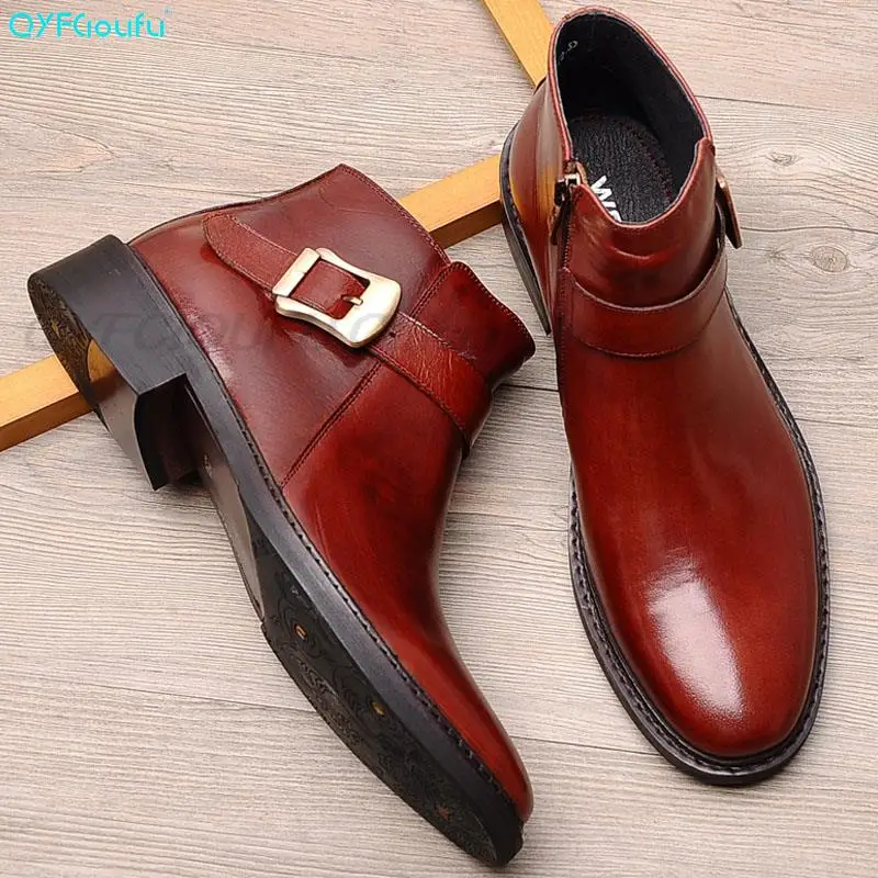 Fashion Genuine Leather Men Dress Boots Hasp Black Wine Red Men's Ankle