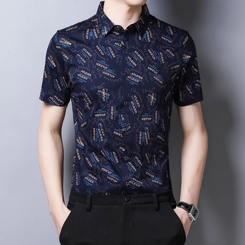 

C-3115 European style letter printing fashion short sleeve shirt Summer New quality mercerized cotton soft smooth men shirtM-3XL