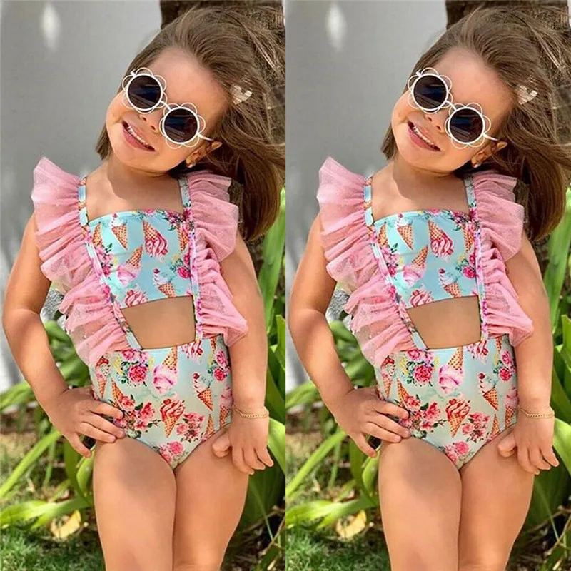 

1-6Years Cute Girl Ice Cream Print Swimsuit Kids Summer Mesh Swimming Clothes Girls Ruffled Swimwear One Piece Bikini Swimsuit