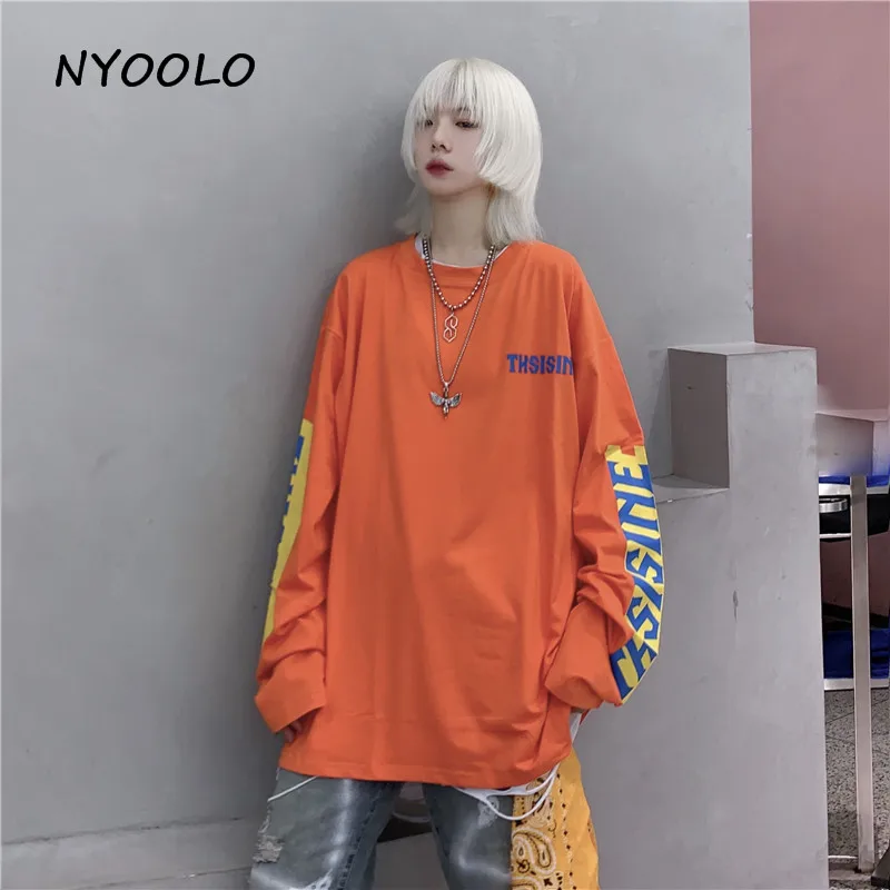 NYOOLO Harajuku стиль простая футболка с буквенным принтом Осенняя уличная свободная футболка с длинными рукавами и круглым вырезом Женская Мужская одежда Топ