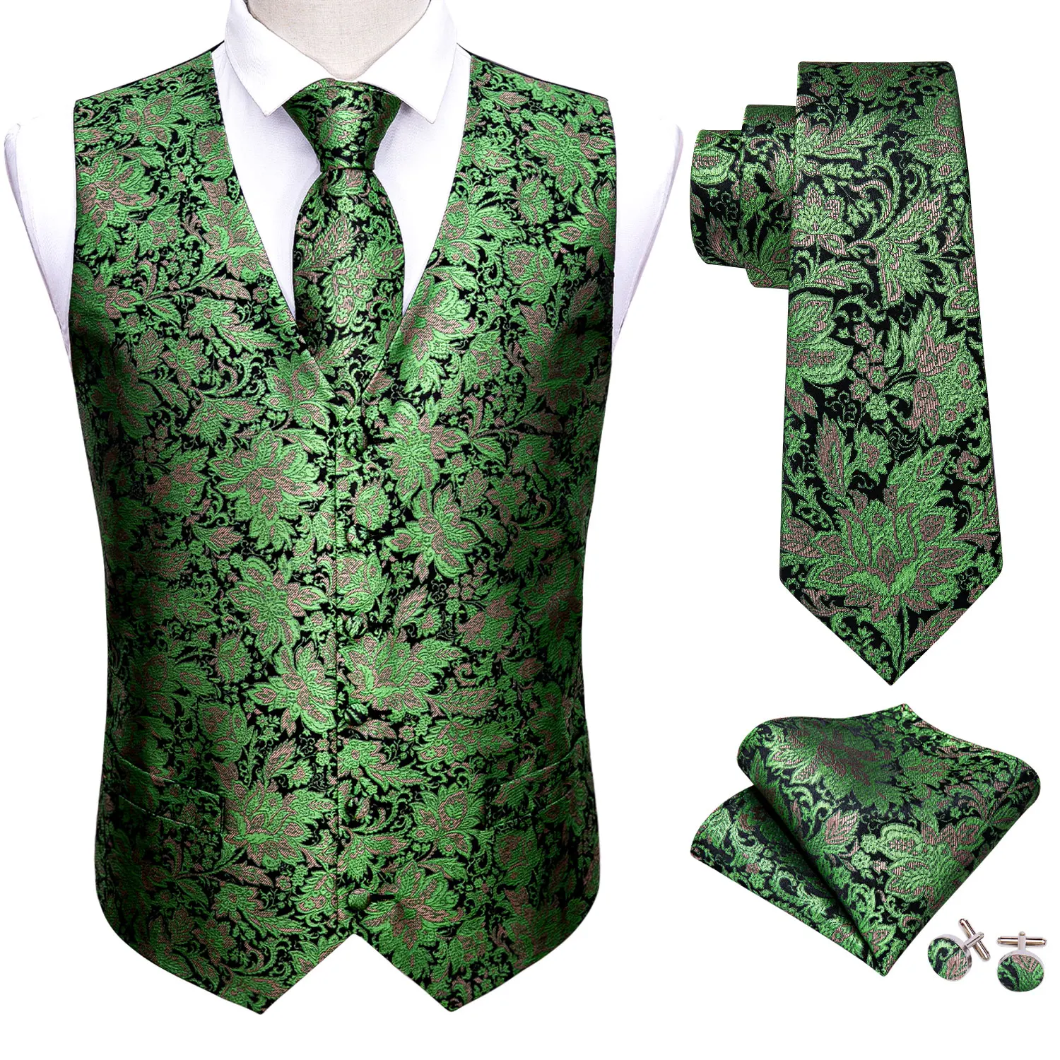 black blazer for men Green Mens Luxury Brocade Woven  Floral Suit Vest  Set Silk Tie Waistcoat Set Men Clothes Barry.Wang Fashion Designer M-2040 men blazer