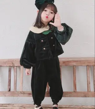 

Girl's fall 2020 new velvet web celebrity winter suit green color top+ pant