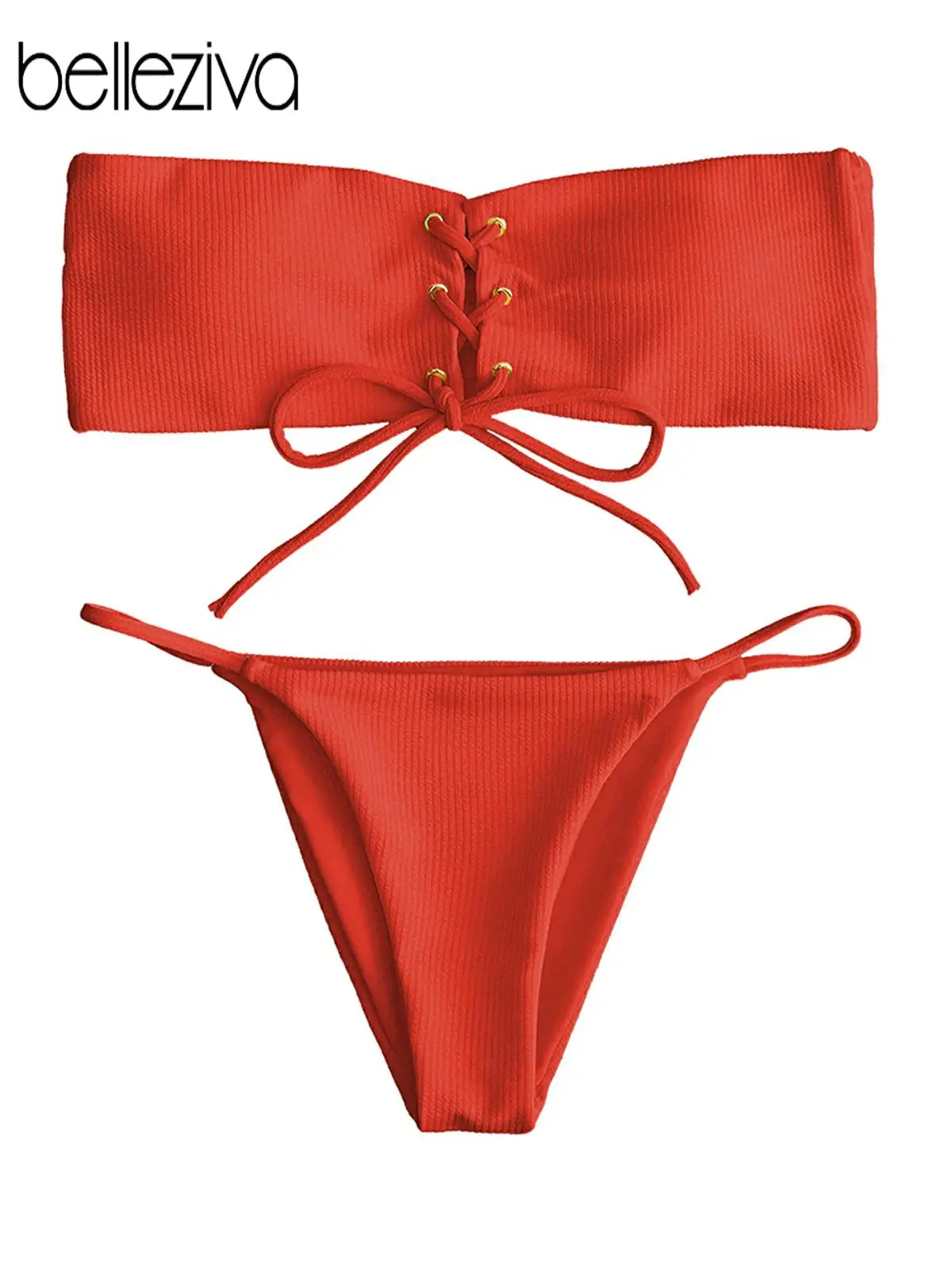 

Belleziva Strapless Color Tube Top Bikini Solid Color Sexy Swimwear Bikini Sets Womens Bathing Suits lace up Plump curve