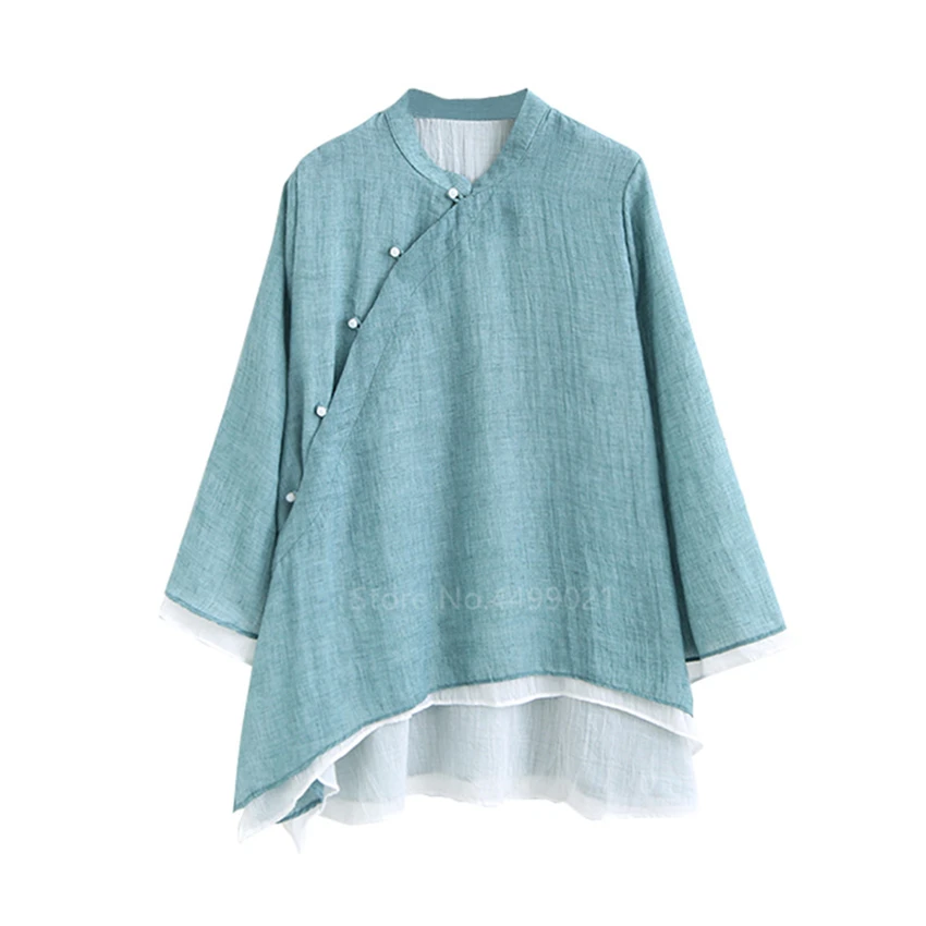 Retro Chinese Women Blouse Traditional Vintage Oblique Shirt Zen Summer Cotton Oriental Woman Tops Mandarin Collar Cheongsam
