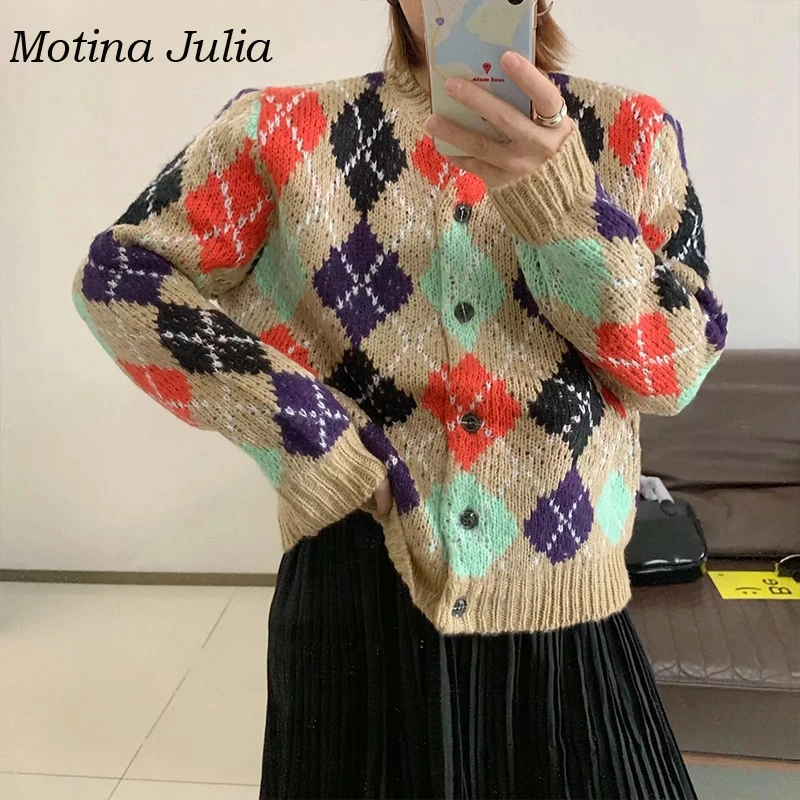 Motina Julia зимний теплый клетчатый свитер кардиган с круглым вырезом цветной клетчатый вязаный свитер джемпер уличная Женская Вязанная одежда
