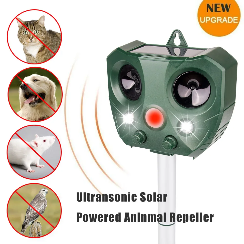 Movimiento accionado Solar activado Animal ultrasonidos gatos perro repelente de asustar a los animales al aire libre jardinería sonar repelentes|Repelentes| - AliExpress