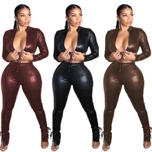 

2021 New Pu Leather Two-piece Set Women Long Sleeve Stand Collar Crop Top + Bodycon Split Trousers Slim Party Club Outfits