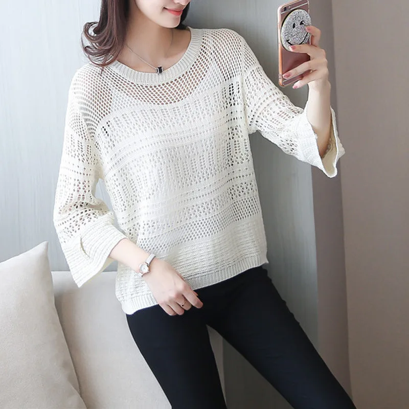 

Summer Women's Round Neck Hollow Blouse Thin Pullover Short Knit Loose Large Size Net Shirt Bat Shirt Air Conditioning Shirt