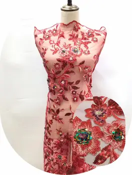 

Gold 3 D Flowers African Lace Fabric 2019 High Quality Lace French Mesh Fabric Sequins Nigerian Swiss Lace Fabrics For Dress