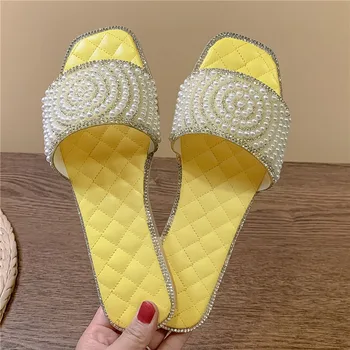 

Luxury Slippers Women Brand Designer Slides Ladies Flat Mules Shoes Women Casual Beach Shoes Pearl Slippers Size 32 33 44 45 46