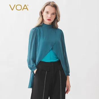 

VOA double-sided 41mm knitted silk Yuke pleated half high collar long sleeve cross fake two pieces of waxy soft T-shirt B9302