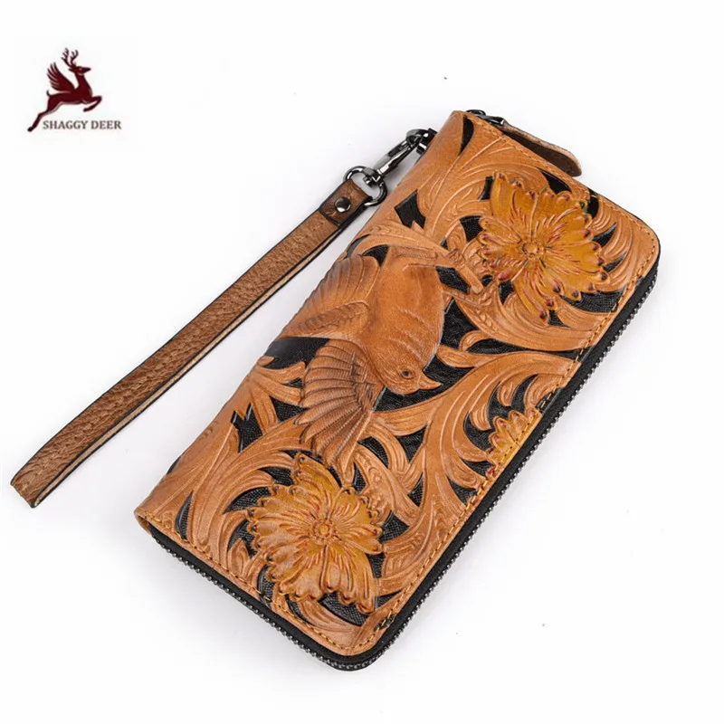 

Yellow fashion personality embossing large capacity genuine leather long wallet luxury brand retro card bags