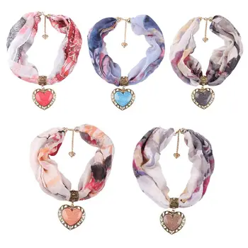 

Women Faux Crystal Heart Pendant Circular Collar Floral Scarf Necklace High Quality and Brand New