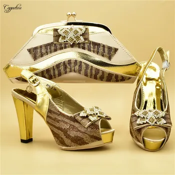 

New fashion gold African high heel sandal shoes and bag set for party 999-3 , heel height 12cm