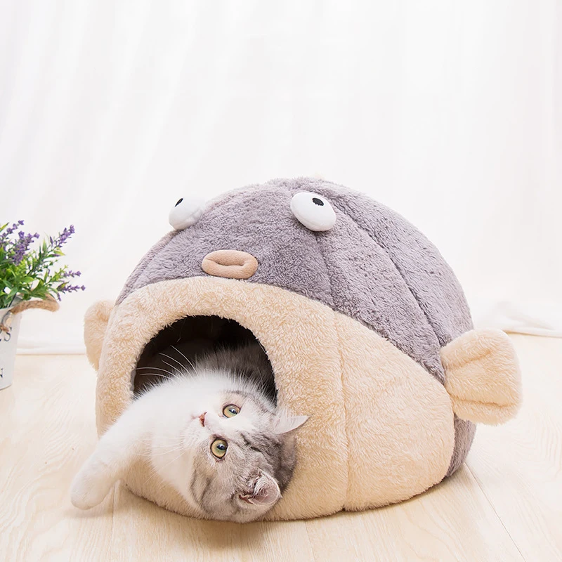 adorable cat igloo house in puffer fish design
