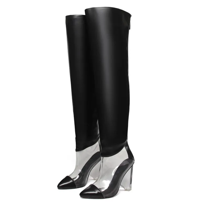 

Women's Knee-length boots mixed colors Pointed Toe Back zipper Strange Heel shoes ladies transparent Spring autumn long botas
