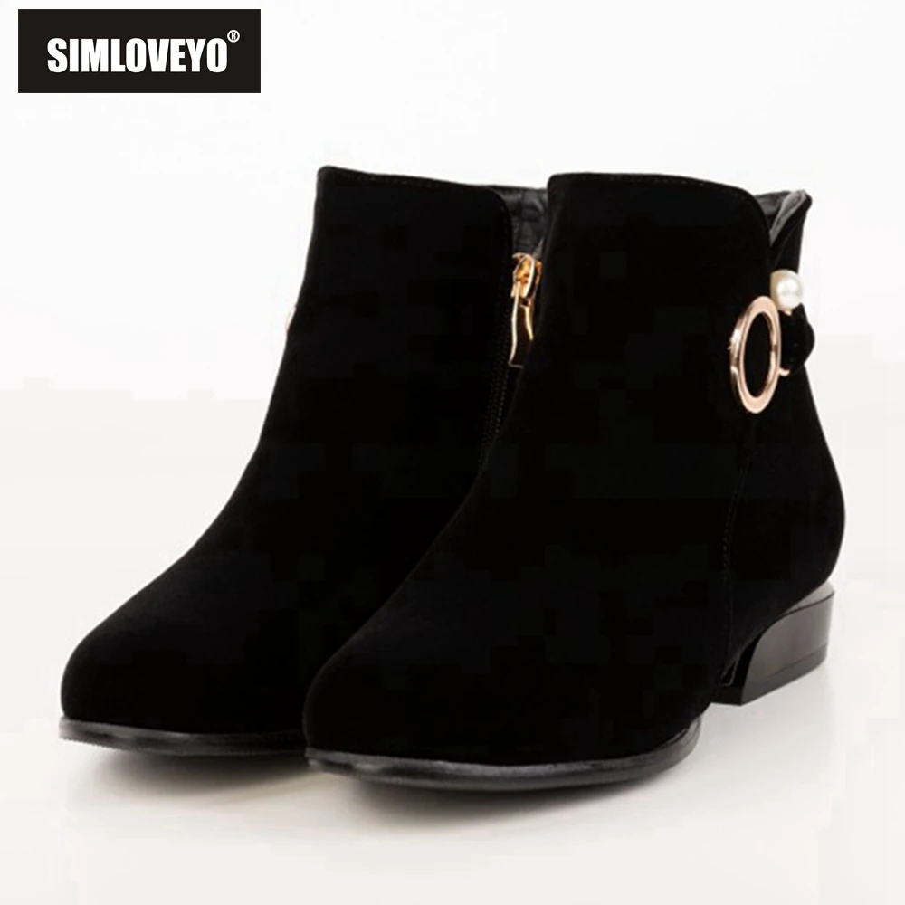 

SIMLOVEYO Women's ankle boots Flats Female mujer Zipper Flock Solid Metal decoration Simple and Generous Black Boats 2022 S2406