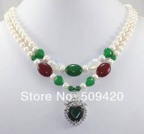 JU76 FGR4 Free Wholesale>>>2 rows stone crystal necklace heart-shaped pendant necklace