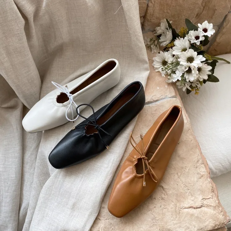 

Spring Summer Genuine Leather Loafers Cross Lace-up Bow Small Square Head Flat Keel Thin Shoes Shallow Mouth WOMEN'S Flat-heeled