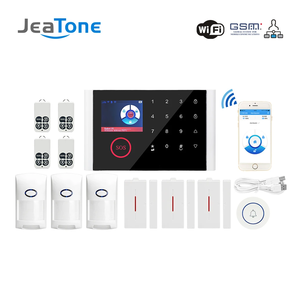 Продажа Jeatone Беспроводная GSM сигнализация домашняя охранная сигнализация DIY комплект ЖК дисплей сенсорный экран Клавиатура приложение управление ...