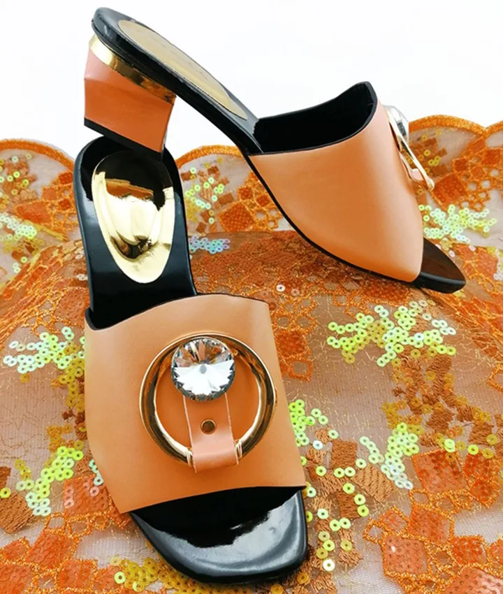 

Hot sale peach women shoes with big crystal decoration African ladies sandals for dressing QS1908,heel 5.5CM