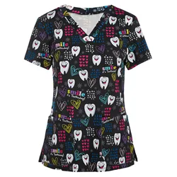 Teeth Print Scrub Tops Women Dentist Working Uniform Nurse Scrub Uniformes Medicos Para Mujer Tooth Hospital Workwear A50