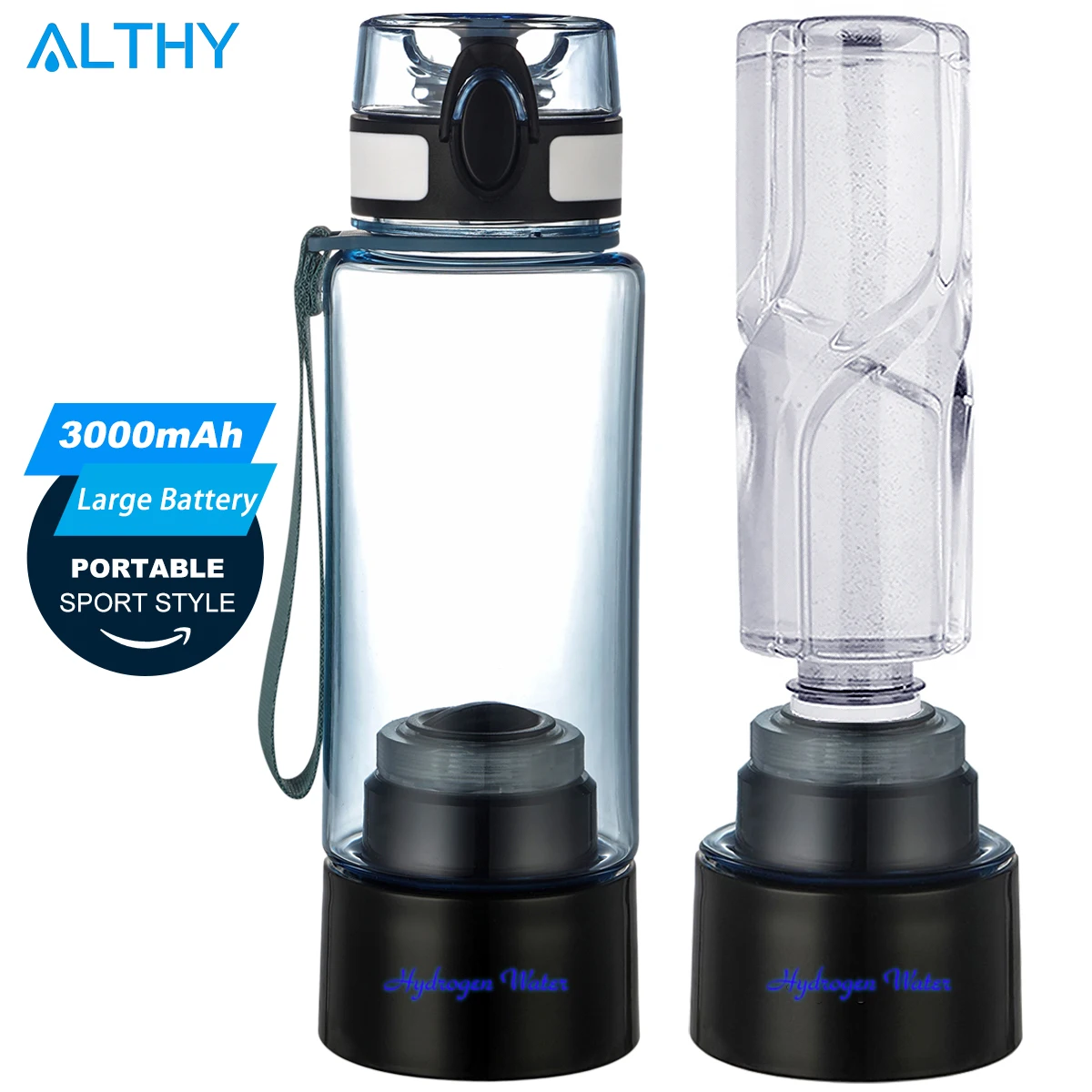 ALTHY Hydrogen Rich Water Generator Bottle - 3000mah large battery - DuPont SPE+PEM Dual Chamber H2 Maker lonizer Electrolysis