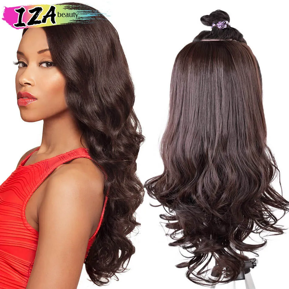 24" Half Wigs with Clip in Hair Extensions Long Wavy Black Brown Ombre Color 3/4 Synthetic Wig Heat Resistant By IZA beauty | Шиньоны и