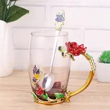 Цветной эмалированный стеклянный цветок чайная чашка роза украшение кофейная кружка с ручкой и ложкой(случайный цвет ложки
