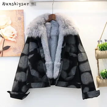 

Winter New Thick Warm Tie-dye Denim Jacket High Quality Fox Fur collar Removable Real Rabbit Hair Liner Female Short Fur Outwear