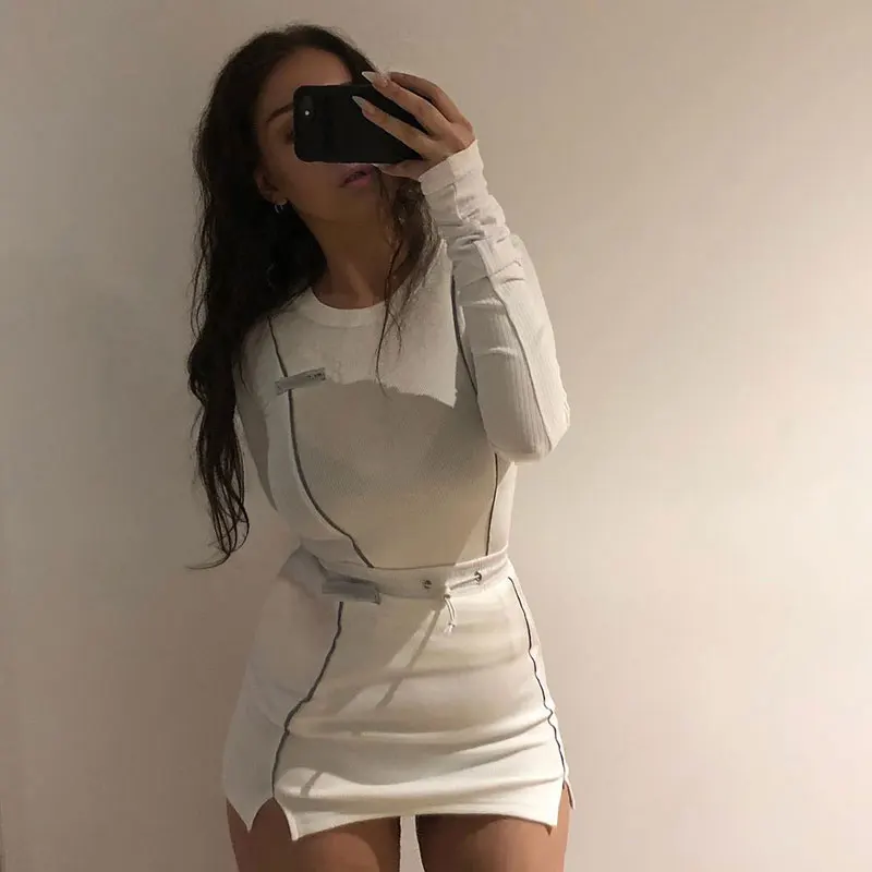 

Casual Reflective Striped Two Piece Set Outfits Women Long Sleeve Top And Mini Skirt Sets 2020 Autumn White Tracksuit Women