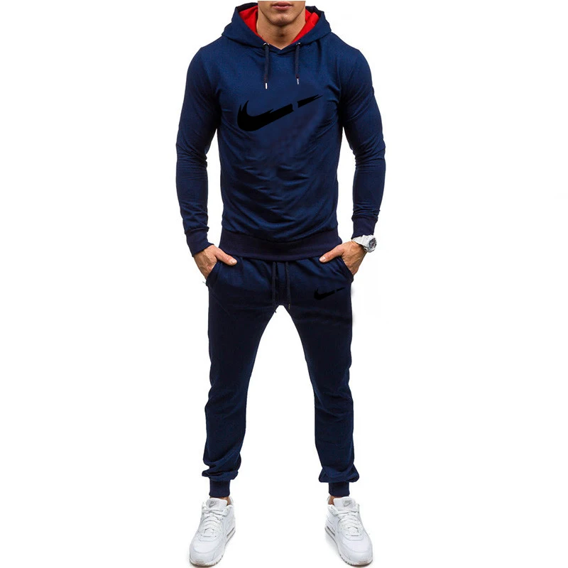 Повседневный мужской спортивный костюм с капюшоном, одноцветная брендовая мужская спортивная одежда из двух частей, Весенняя и осенняя одежда для фитнеса, мужской костюм