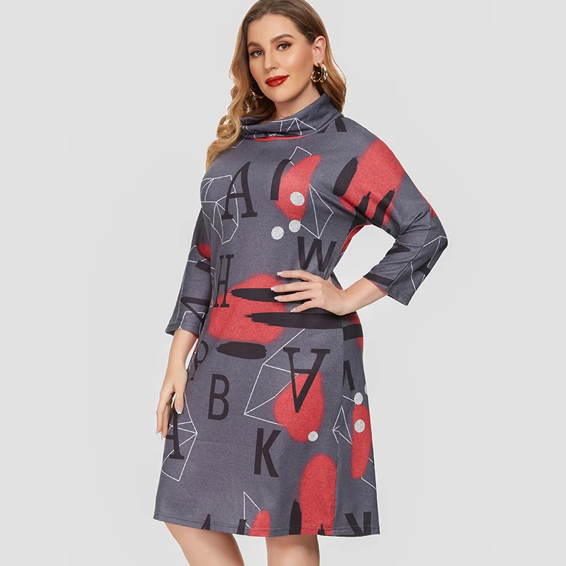 Dress Long-Sleeve Plus-Size Womens Ladies 5XL 4XL 6XL Fashion Mom Fall Printed High-Collar