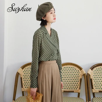 

Suzhan Elegant and Classical Dot Print Lycra Blouse Suit Collar Long Sleeve Women Tops White Dots Green Shirt