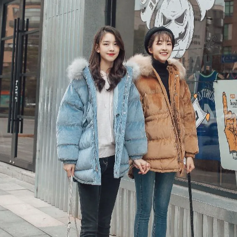 

Photo Shoot INS Sweet Blue Hooded Large Fur Collar down Coat Waist Hugging Cloak Short-height Velvet Best Friend Cotton-padded C