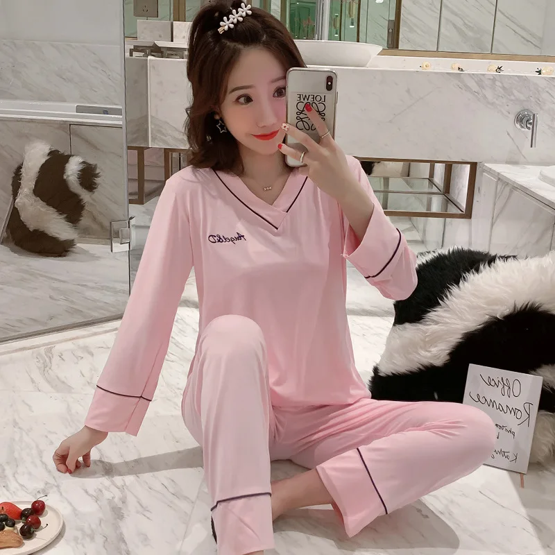 

Spring And Autumn New Products Long Sleeve Korean-style WOMEN'S Pajamas Solid Color V-neck Qmilch Thin Homewear Set a Set of fro