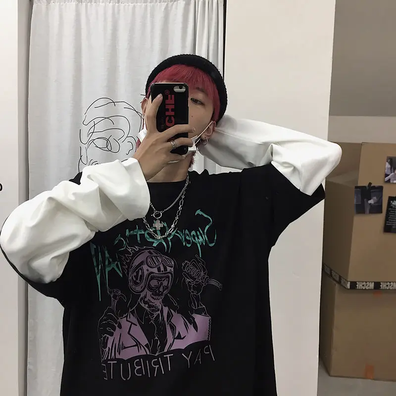 Woherb Harajuku, модные женские и мужские топы с длинным рукавом, новинка, одежда, панк, Череп, принт, Поддельные 2 предмета, свободные футболки, повседневная футболка