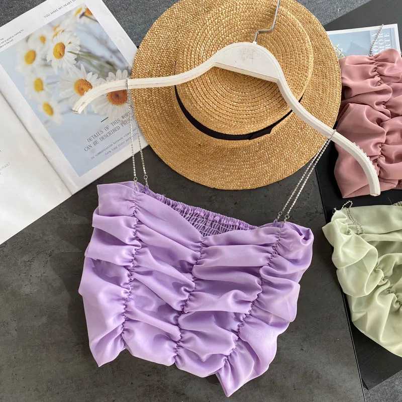 

INS Pleated Camisole Top for Women Summer Wear New Style Sexy Short Exposed Belly Top Fashion All-match Camis Tops