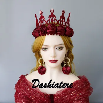 

Wine Red Rose Wedding Tiaras Earrings Pendant Photography Head Crown Jewelry 2PCS Set Cosplay Gothic Headpiece Bride Accessories