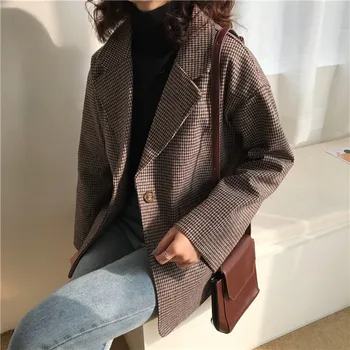 

2020 Vintage Plaid Spring Blazer Mujer Single Breasted Ladies Office Casual Blazer Jacket Pockets Autumn Korean Blazer Women