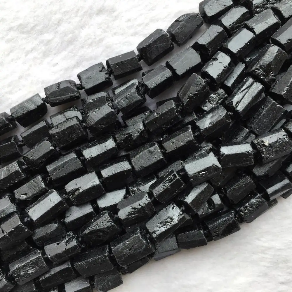 2pcs Natural Genuine Raw Mineral Black Tourmaline Hand Cut Nugget Free Form Loose Rough Matte Faceted Beads 6-8mm 15